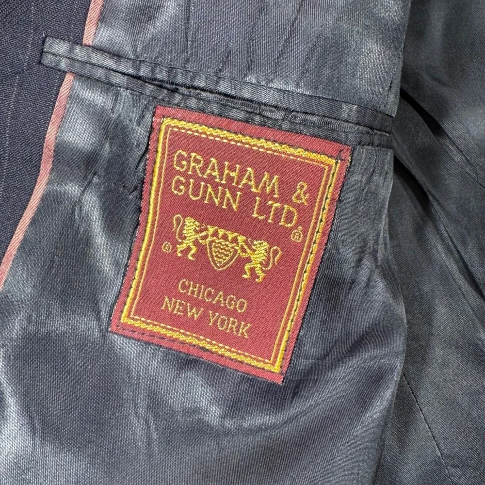 Vintage Graham‎ & Gunn Suit Jacket Mens 40R Navy Blue Pinstripe Blazer Wool 1990